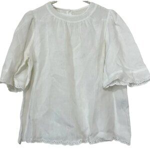 Isabel Etoile’ Marant White Linen Eyelet Trimmed Peasant Short Sleeve Top SZ M